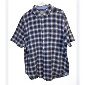 True Grit Mens XL Blue White Plaid Cotton Linen Short Sleeve Button Down Shirt